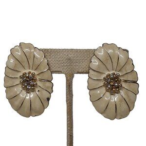 Large Oblong Cream Enameled Flowers Floral Clip On Earrings 1.75"